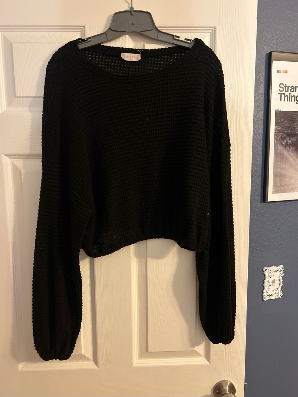 Altar'd State Black Cropped Waffle Knit Crewneck Sweater